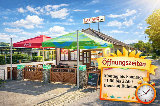 Pizzeria Latiano in Gratwein-Straßengel an einem sonnigen Tag mit Außenbereich und Öffnungszeiten-Tafel