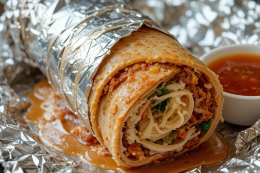 Gefüllter Wrap mit Fleisch, Salat und Sauce, frisch zubereitet und serviert